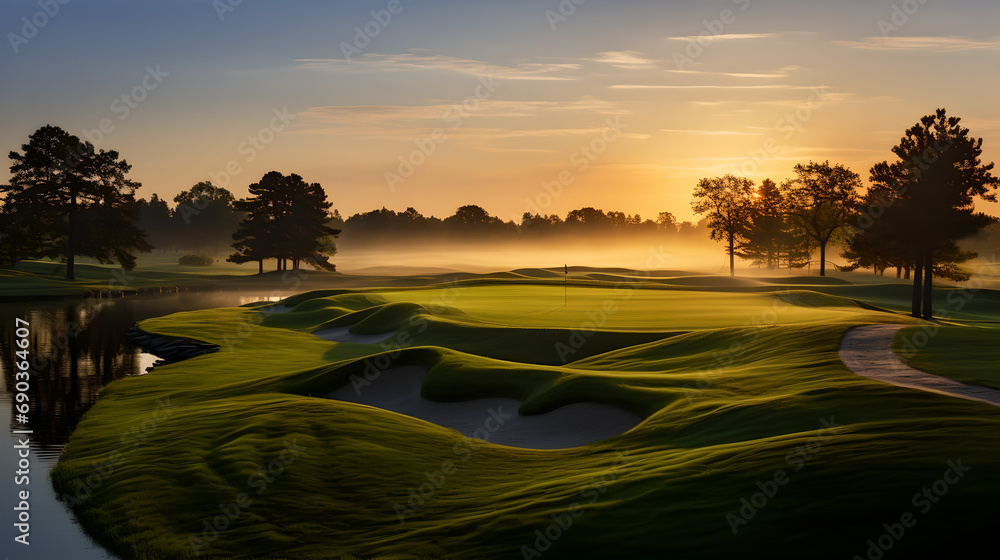 sunrise on the green: a beautiful morning on the golf field (course)