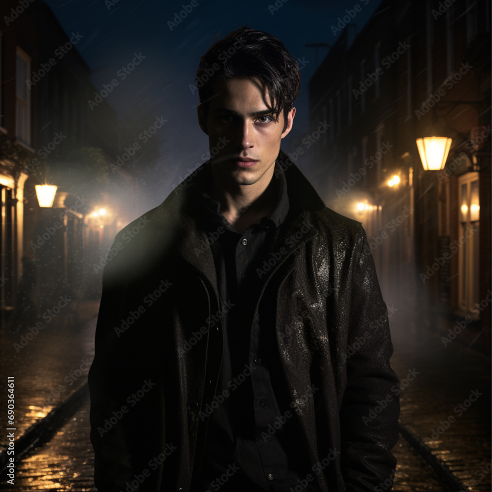 a tall young man with dark hair and beautiful facial features