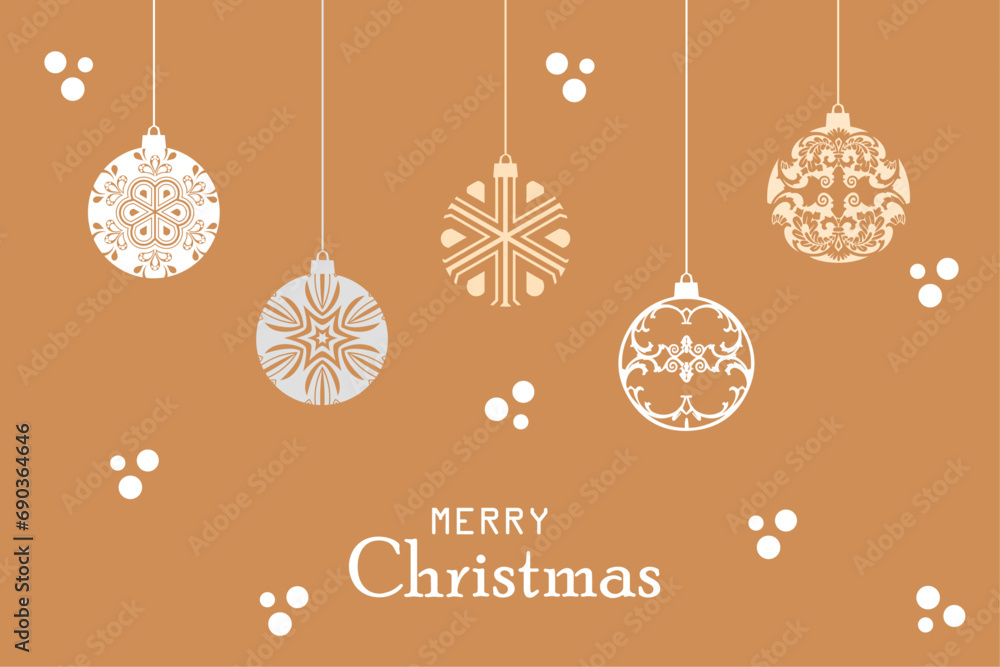 Merry Christmas modern card banner with hanging ball decorations. Merry Christmas and happy new year. Greeting text vector illustration