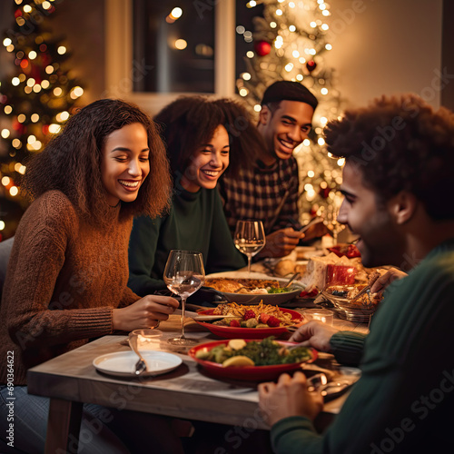 holidays, celebration and people concept. happy multi-ethnic friends having christmas dinner at home