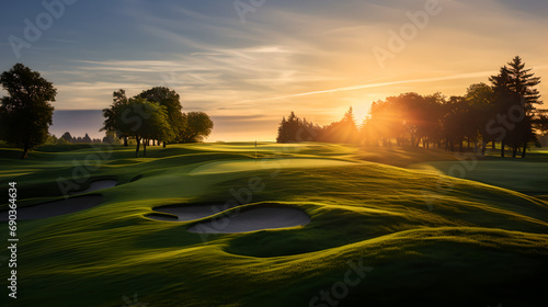 Golden sunrise on the green: A peaceful morning on the golf course - created with generative AI 