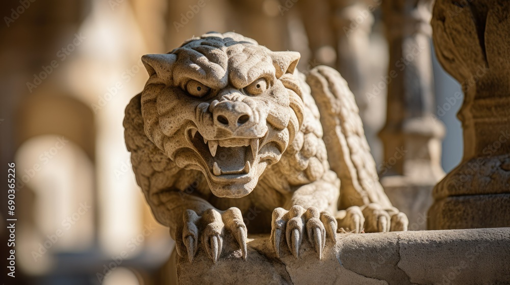 A stone lion sculpture that displays its roaring, majestic and violent expression. A stone lion sculpture that displays its roaring, majestic and violent expression.