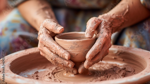 Close up of female potters hands making bowl created with Generative Ai