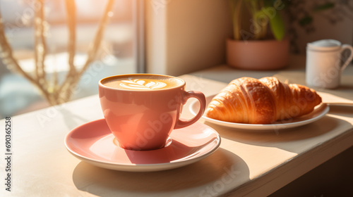 cup of coffee and croissant in fuzz peach color, ai generated photo