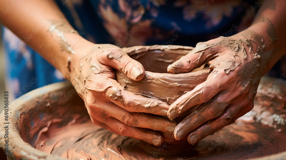 Close up of female potters hands making bowl created with Generative Ai