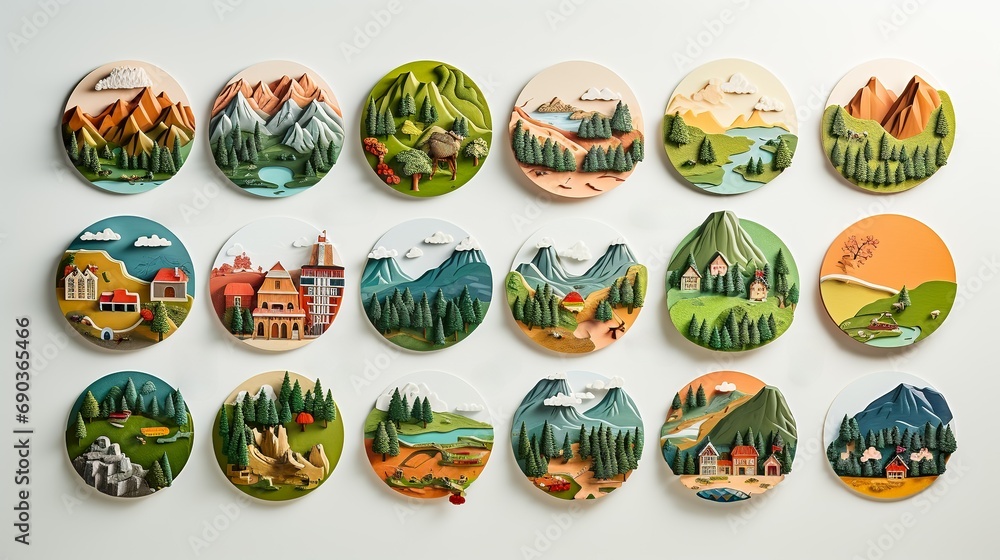 set of round icons with various landscapes, isolated on the white background.