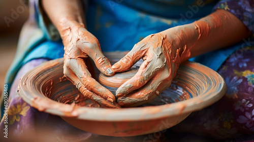 Close up of female potters hands making bowl created with Generative Ai photo