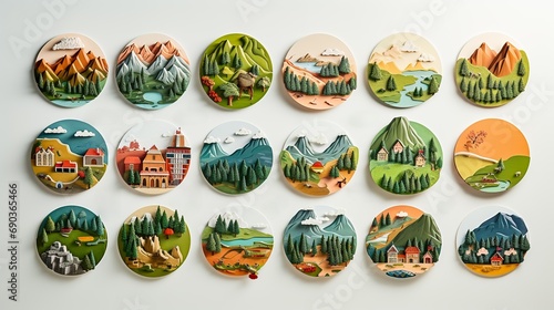 set of round icons with various landscapes, isolated on the white background. © milicenta