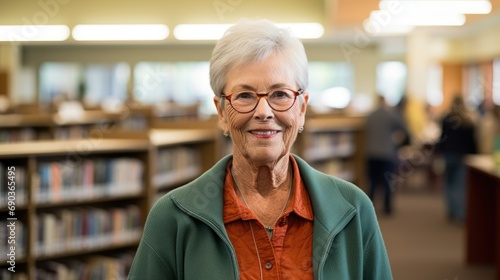 An elderly woman wearing glasses stands in a library, surrounded by shelves of books.