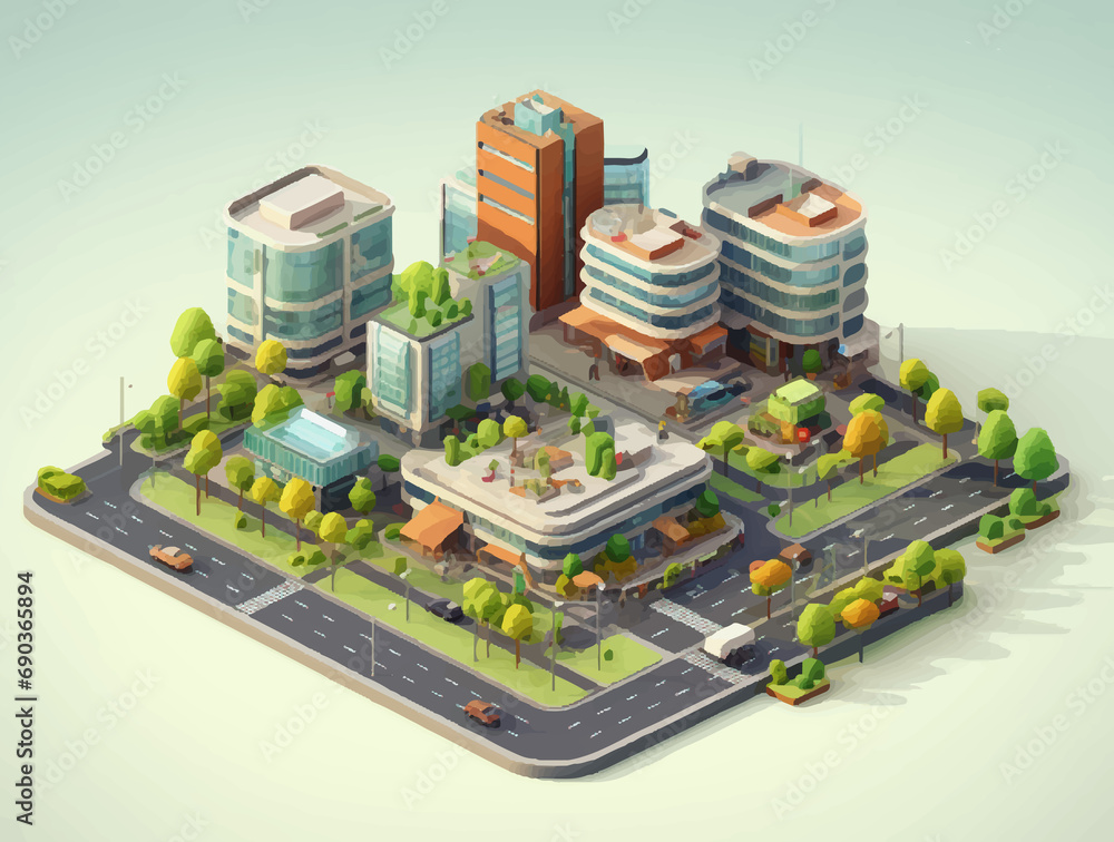 isometric city landscape design concept illustration 3d, subtle, earthy tones, green and beige, street scenes. 3d rendering isometric city landscape design concept illustration 3d, subtle, earthy tones, green and beige, street scenes. 3d rendering