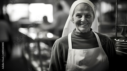 A cheerful cook in the kitchen expresses joy with a smile on her face.