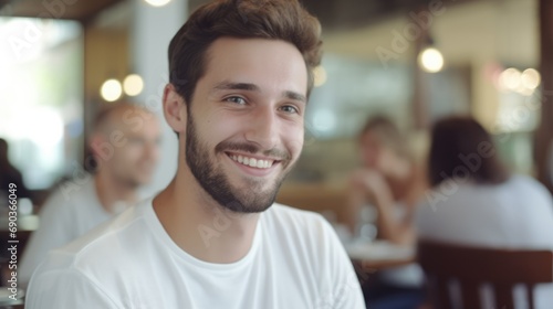 A man smiling at a restaurant table, enjoying his meal.