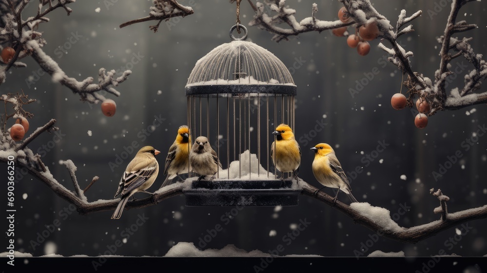sparrows, tits, and bullfinches gathered in a feeder on a tree in a winter garden, the diversity of bird species in a winter scene. - obrazy, fototapety, plakaty 