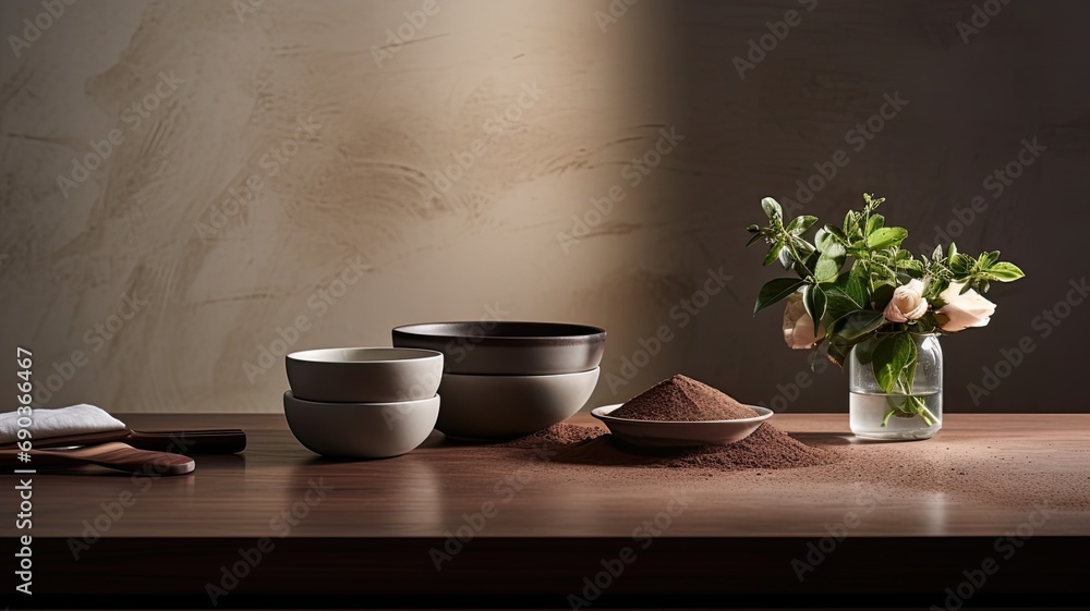 a bowl filled with cocoa powder as the focal point in a contemporary kitchen setting. a bowl filled with cocoa powder as the focal point in a contemporary kitchen setting.