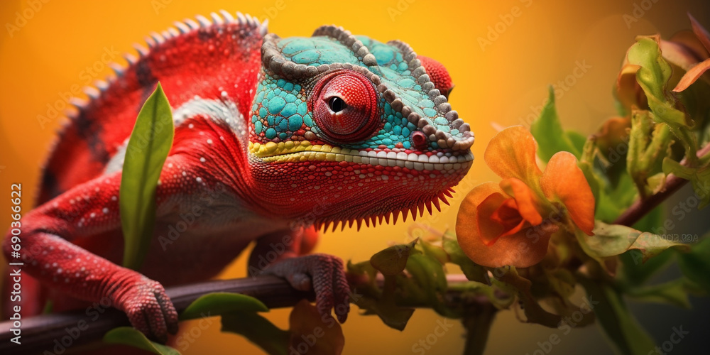 Fototapeta premium Chameleon on the flower. Beautiful extreme close-up created with Generative Ai