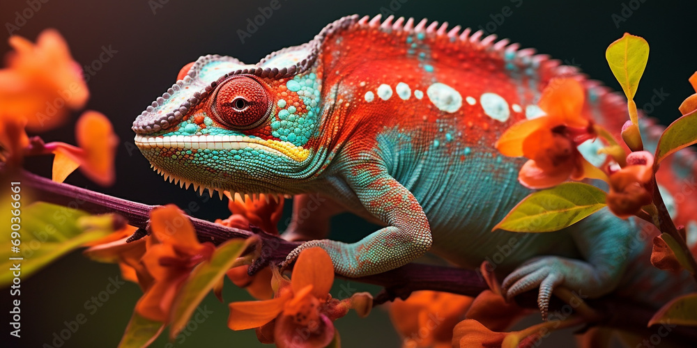 Obraz premium Chameleon on the flower. Beautiful extreme close-up created with Generative Ai