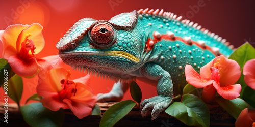 Chameleon on the flower. Beautiful extreme close-up created with Generative Ai