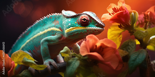Chameleon on the flower. Beautiful extreme close-up created with Generative Ai