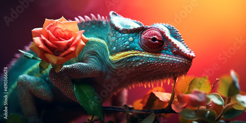 Chameleon on the flower. Beautiful extreme close-up created with Generative Ai © Andrii Yablonskyi