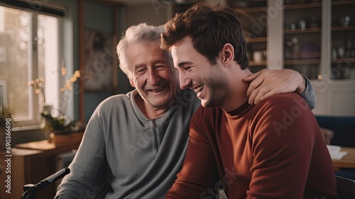 a young man assisting an elderly man with physiotherapy exercises in a modern minimalist setting, capturing the essence of community and meaningful conversation.