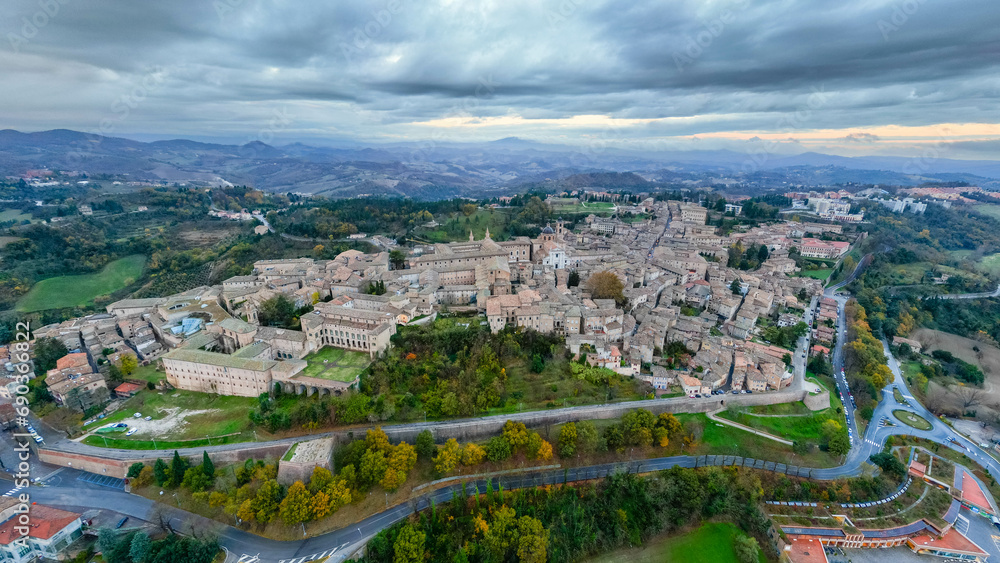 Italy, 08 December 2023 - panoramic aerial view of the medieval village of Urbino in the province of Pesaro and Urbino, a UNESCO heritage site