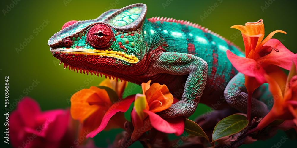 Obraz premium Chameleon on the flower. Beautiful extreme close-up created with Generative Ai
