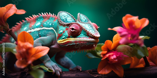 Chameleon on the flower. Beautiful extreme close-up created with Generative Ai © Andrii Yablonskyi