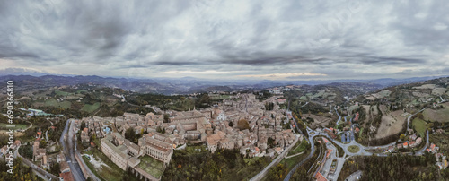 Italy, 08 December 2023 - panoramic aerial view of the medieval village of Urbino in the province of Pesaro and Urbino, a UNESCO heritage site