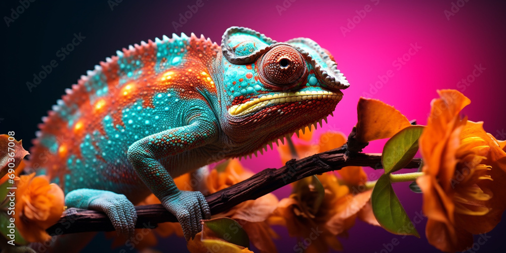 Fototapeta premium Chameleon on the flower. Beautiful extreme close-up created with Generative Ai