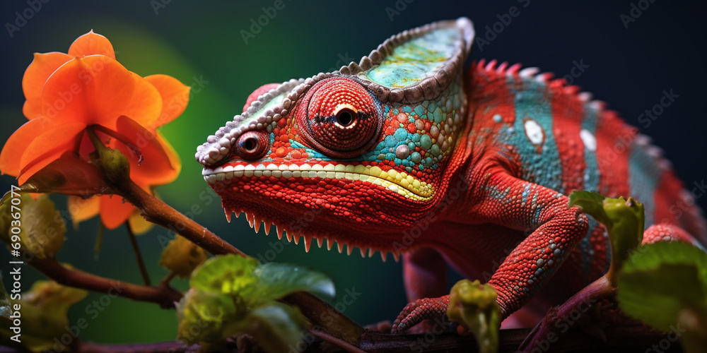 Chameleon on the flower. Beautiful extreme close-up created with Generative Ai Chameleon on the flower. Beautiful extreme close-up created with Generative Ai