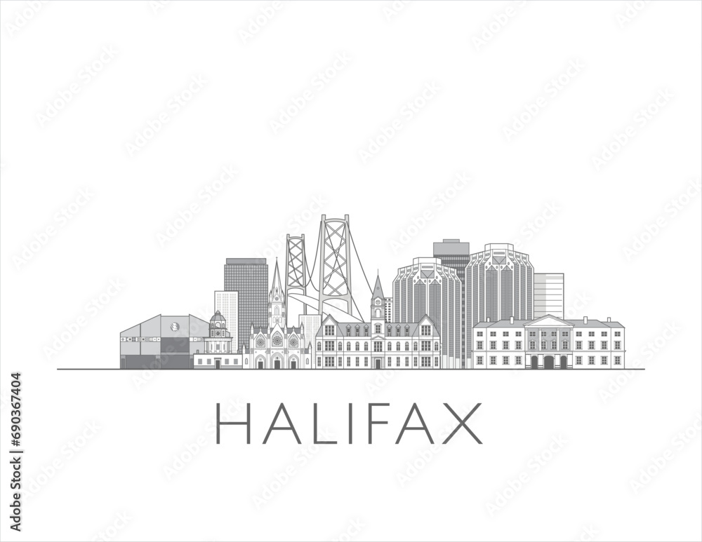 Halifax, Nova Scotia cityscape line art style vector illustration in black and white