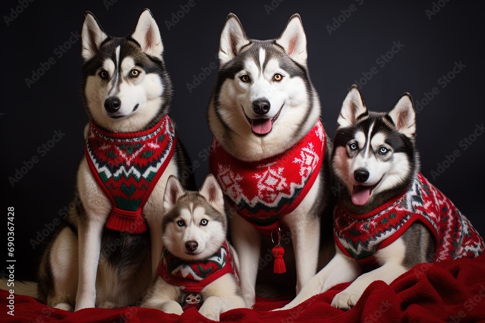 Husky dog family wearing ugly Christmas sweaters.