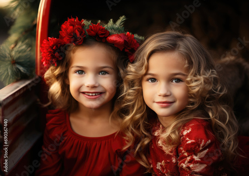 Portrait of Two Little Girls in Holiday Dresses Posing in the Back of a Red Vintage Pickup Truck During Christmas 