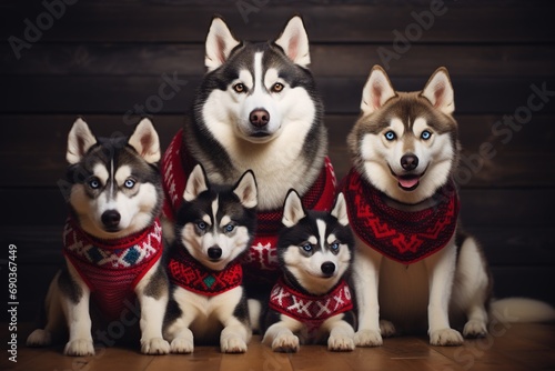 Husky dog family wearing ugly Christmas sweaters.