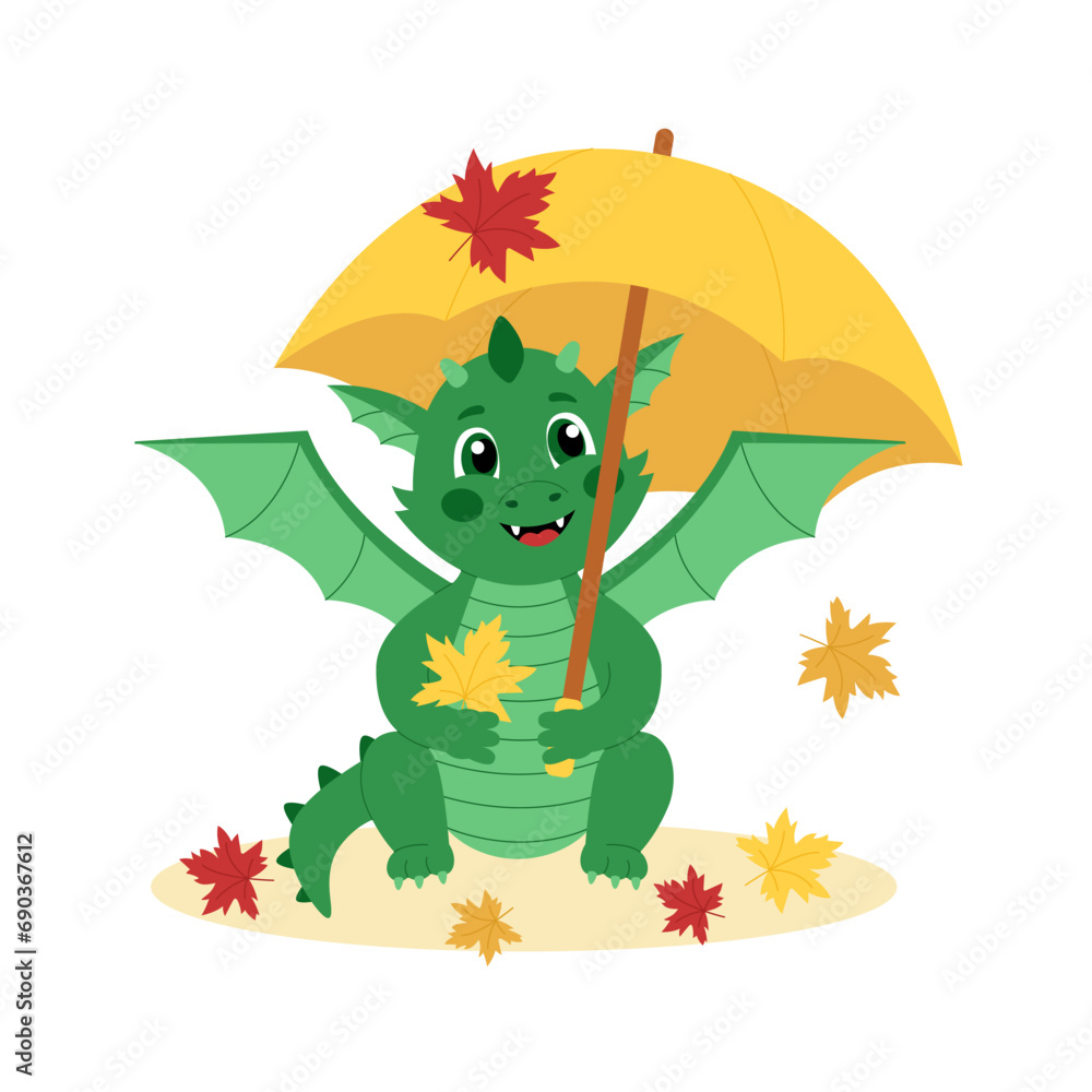 Obraz premium Cute green dragon with umbrella and autumn leaves. Smiling cartoon character. Fall season. Vector illustration for children