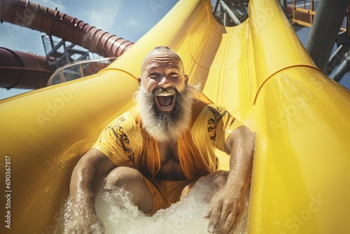 A happy man riding on the water slide in the waterpark. photo