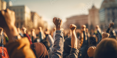 people protest on the street with their clenched fist raised in the air. ai generative photo