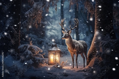 A snowy Christmas tree in the forest with lit candles on the branches, a deer is watching. © Bargais
