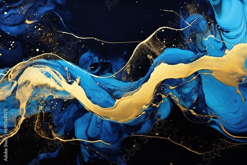 Abstract shiny gold and blue inks art.