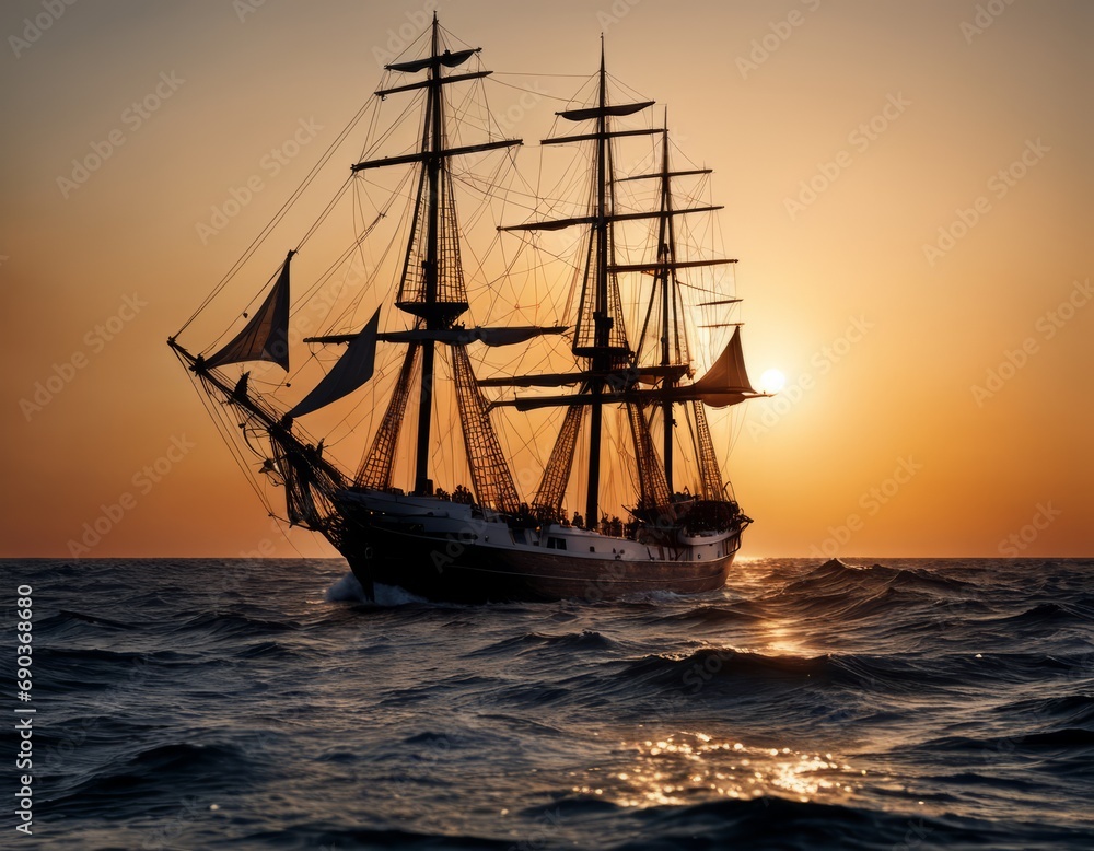 sailing ship at sunset