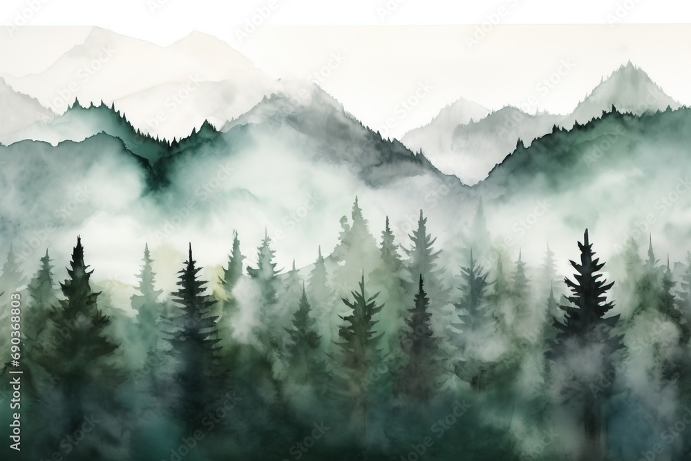 Watercolor misty spruces in forest and mountain.	