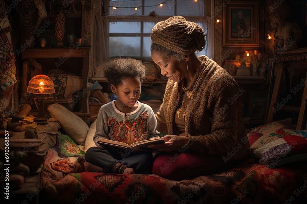 An african american grandmother and child reading book together.
