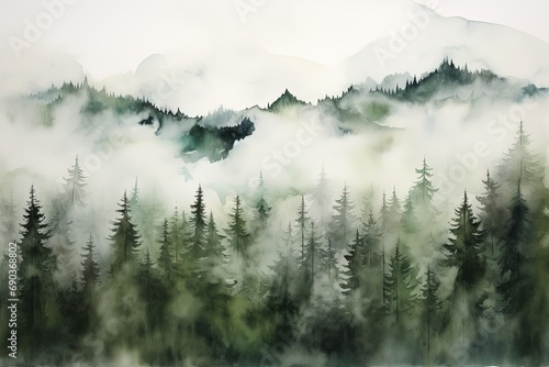 Watercolor misty spruces in forest and mountain.  © Bargais