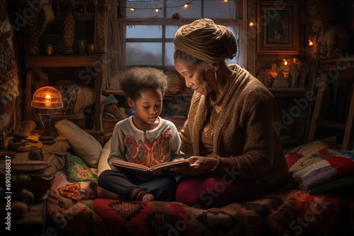 An african american grandmother and child reading book together.