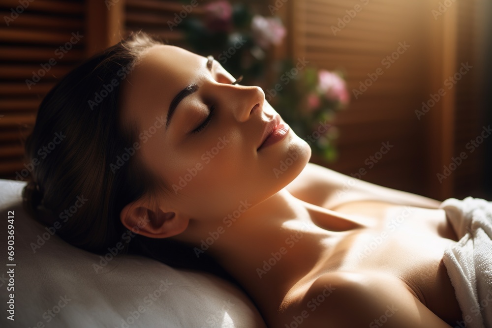 Beautiful caucasian woman lying on massage table in spa salon. Beautiful caucasian woman lying on massage table in spa salon.