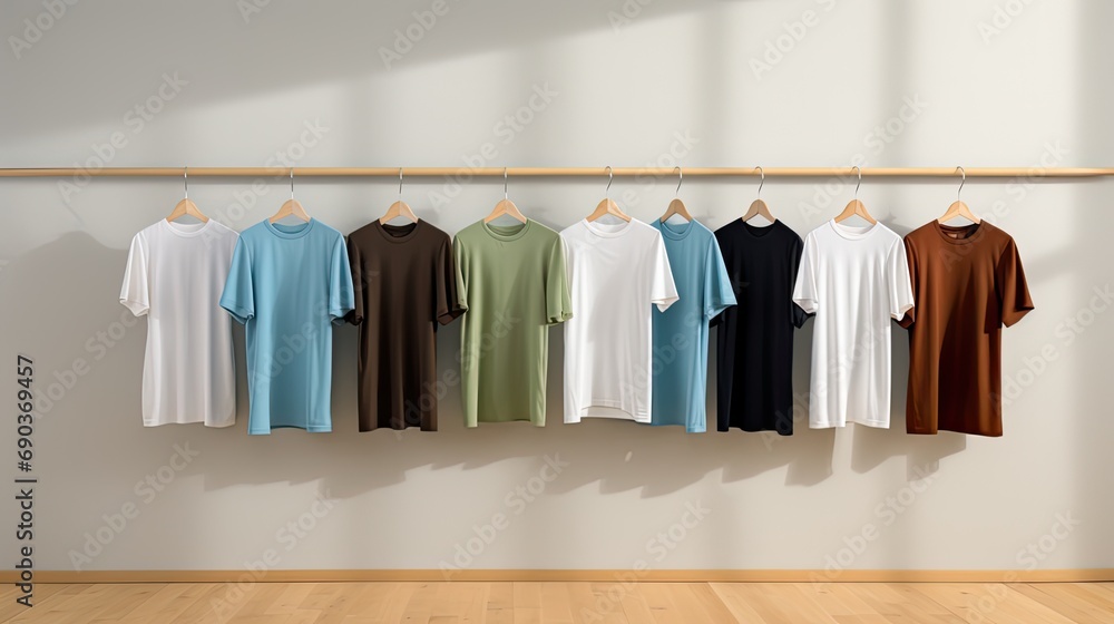 men's t-shirts, absent of logos, neatly presented on a bright wooden background within a well-lit store, creating a composition that reflects a modern and minimalist style. men's t-shirts, absent of logos, neatly presented on a bright wooden background within a well-lit store, creating a composition that reflects a modern and minimalist style.
