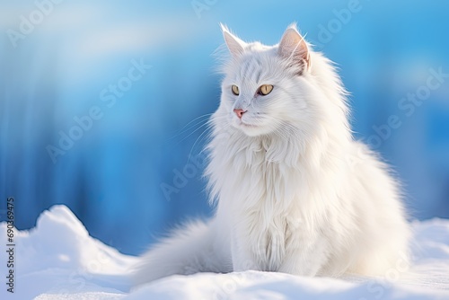 Beautiful white fluffy turkish angora cat at snow.