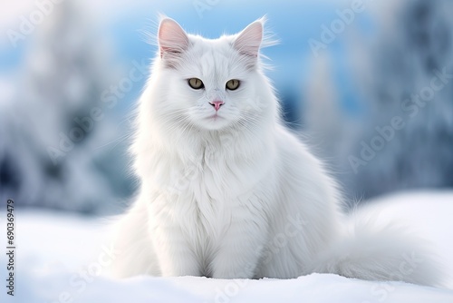 Beautiful white fluffy turkish angora cat at snow. © Bargais