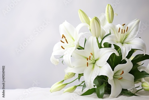 Beautiful white lillies on light background.