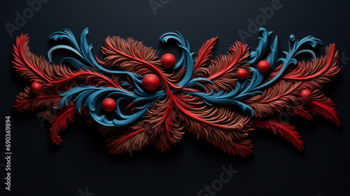 decorative frieze made of tree branch, intertwined with red Christmas velvet ribbon created with Generative Ai © Andrii Yablonskyi